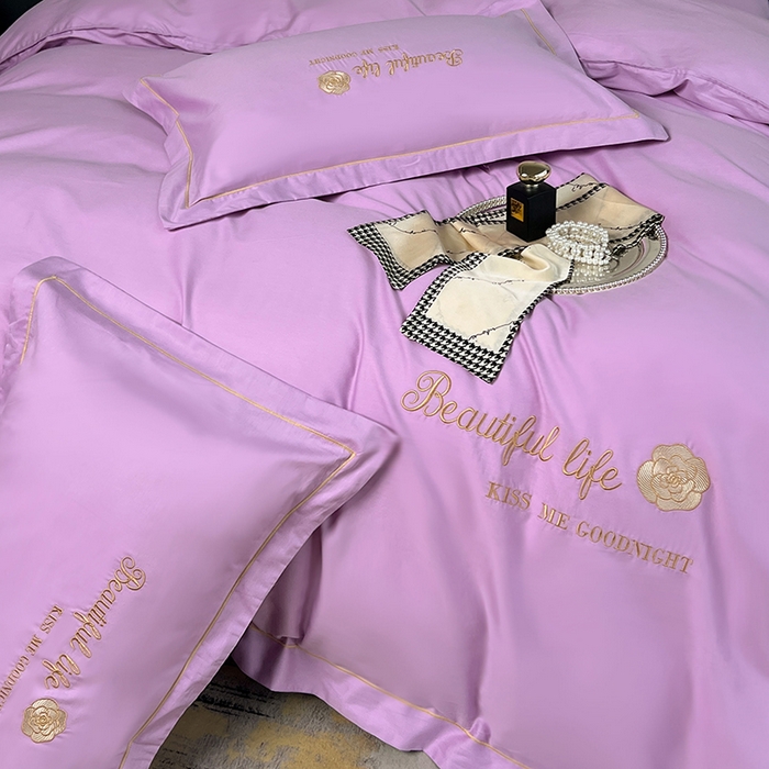 91家纺网 家纺一手货源 找家纺 盛馨2023新款轻奢高支高密长绒棉全棉床单床笠刺绣四件套 BF-紫