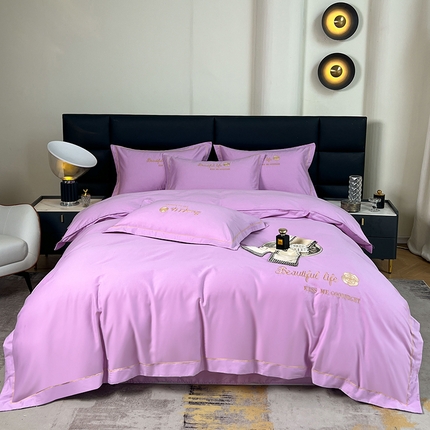 盛馨2023新款轻奢高支高密长绒棉全棉床单床笠刺绣四件套 BF-紫