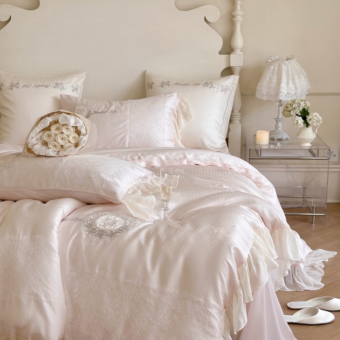 91家纺网 家纺一手货源 找家纺 MIU缪家居 2023新款80支兰精天丝（提花）波点玫瑰 粉