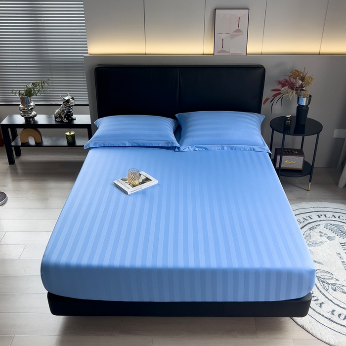 91家纺网 家纺一手货源 找家纺 品乐 2023新款 60支长绒棉提花条纹单床笠 条纹天蓝