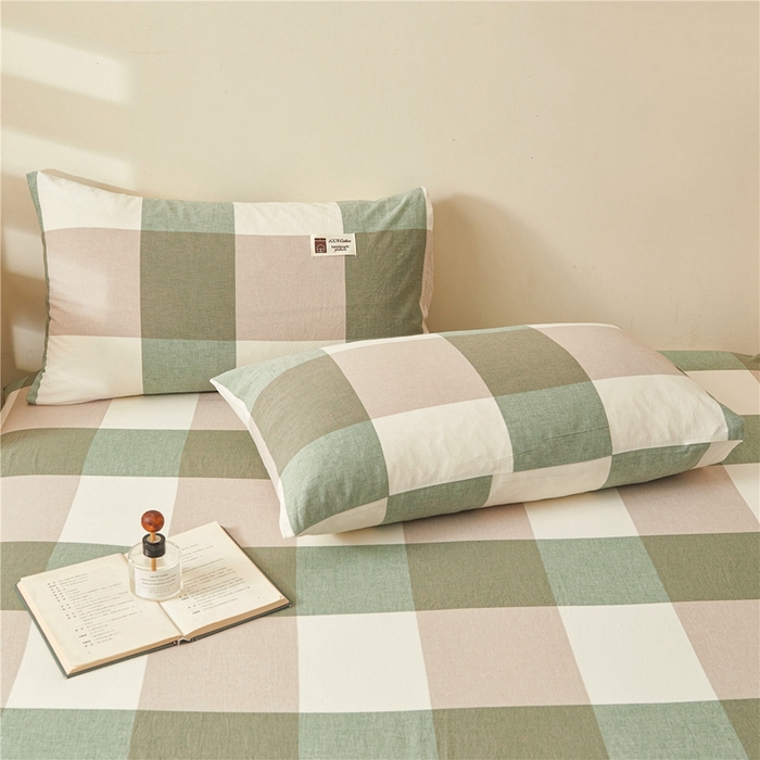 91家纺网 家纺一手货源 找家纺 喜居 2024新款A类色织纯棉水洗棉100%新疆棉全棉床笠 绿大格