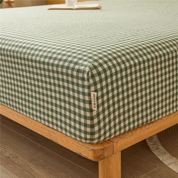 91家纺网 家纺一手货源 找家纺 喜居 2024新款A类色织纯棉水洗棉100%新疆棉全棉床笠 绿小格