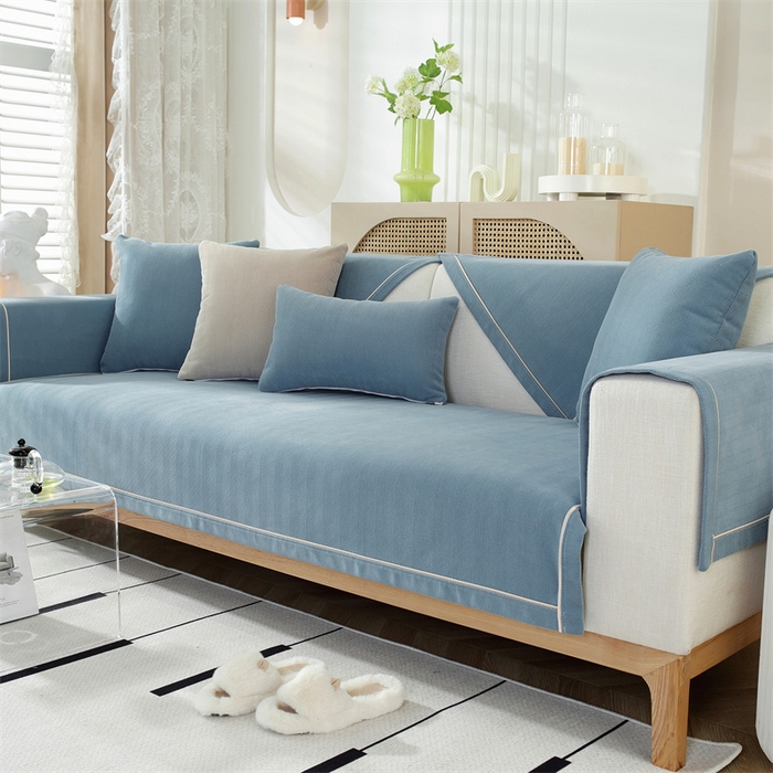 91家纺网 家纺一手货源 找家纺 共鸣沙发垫 2023新款雪尼尔人字纹沙发垫 人字纹蓝色