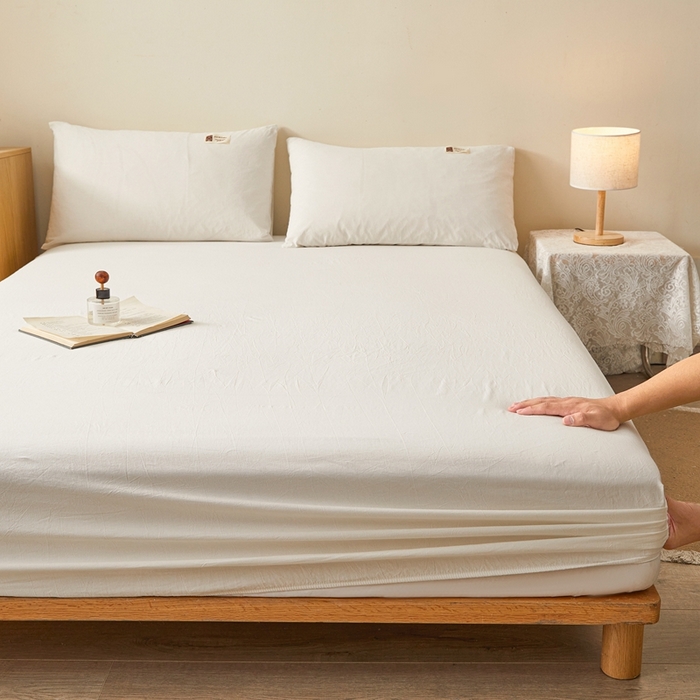 91家纺网 家纺一手货源 找家纺 喜居 2024新款A类色织纯棉水洗棉100%新疆棉全棉床笠 月光白