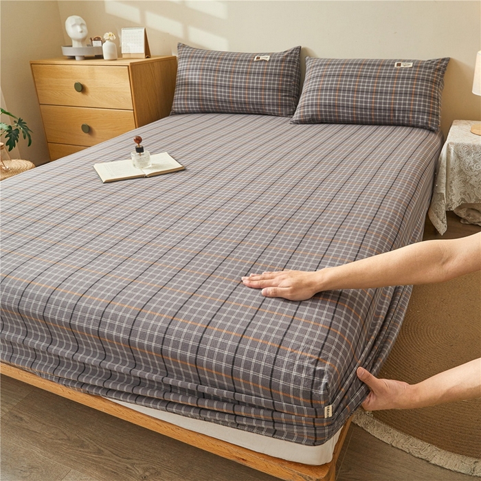 91家纺网 家纺一手货源 找家纺 喜居 2024新款A类色织纯棉水洗棉100%新疆棉全棉床笠 方格灰