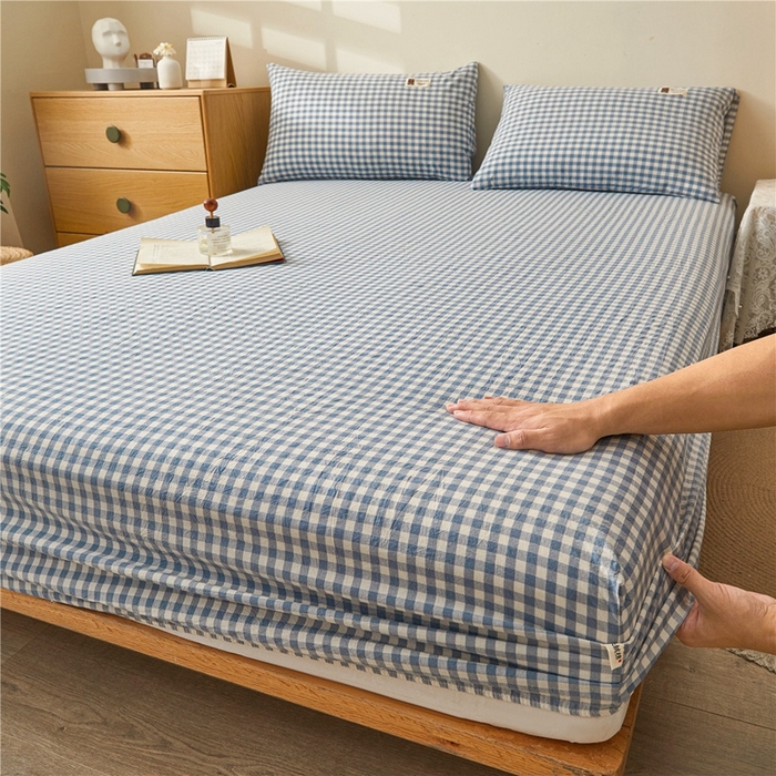 91家纺网 家纺一手货源 找家纺 喜居 2024新款A类色织纯棉水洗棉100%新疆棉全棉床笠 蓝小格