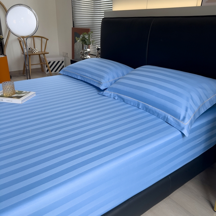 91家纺网 家纺一手货源 找家纺 品乐 2023新款 60支长绒棉提花条纹单床笠 条纹天蓝