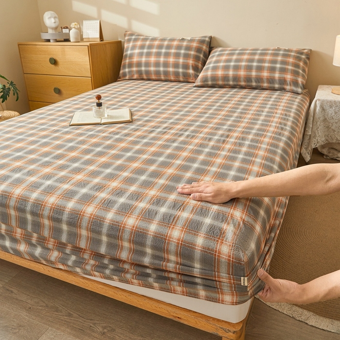 91家纺网 家纺一手货源 找家纺 喜居 2024新款A类色织纯棉水洗棉100%新疆棉全棉床笠 洛卡灰