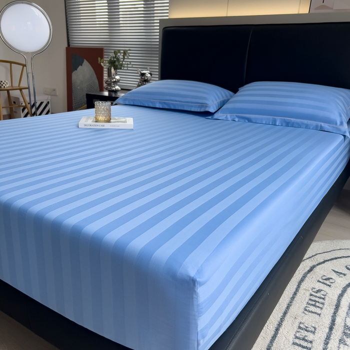 91家纺网 家纺一手货源 找家纺 品乐 2023新款 60支长绒棉提花条纹单床笠 条纹天蓝