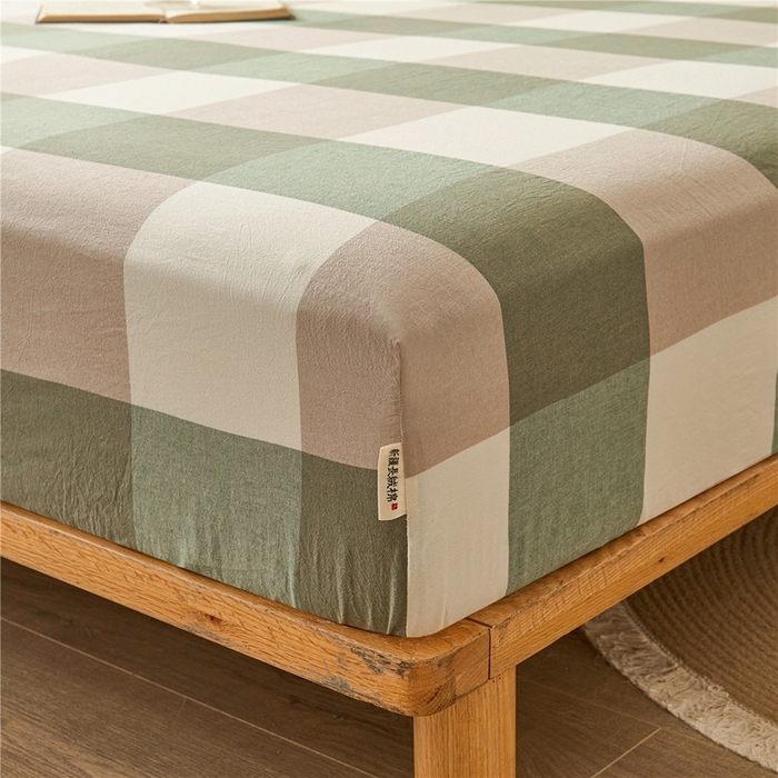 91家纺网 家纺一手货源 找家纺 喜居 2024新款A类色织纯棉水洗棉100%新疆棉全棉床笠 绿大格