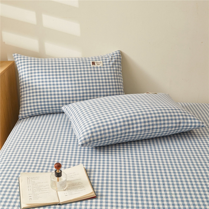 91家纺网 家纺一手货源 找家纺 喜居 2024新款A类色织纯棉水洗棉100%新疆棉全棉床笠 蓝小格