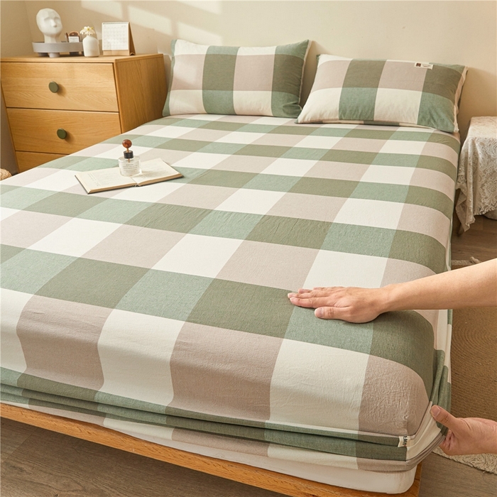 91家纺网 家纺一手货源 找家纺 喜居 2024新款A类色织纯棉水洗棉100%新疆棉全棉床笠 绿大格