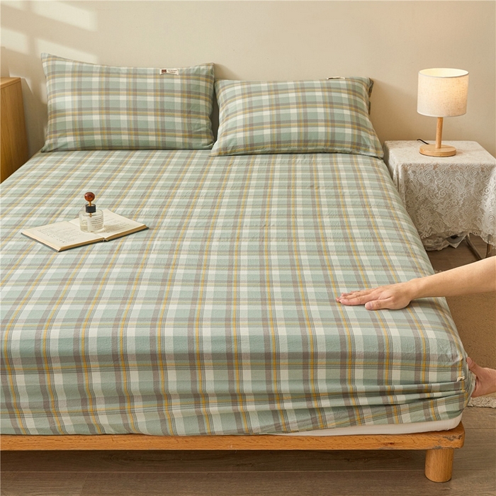 91家纺网 家纺一手货源 找家纺 喜居 2024新款A类色织纯棉水洗棉100%新疆棉全棉床笠 简兮绿