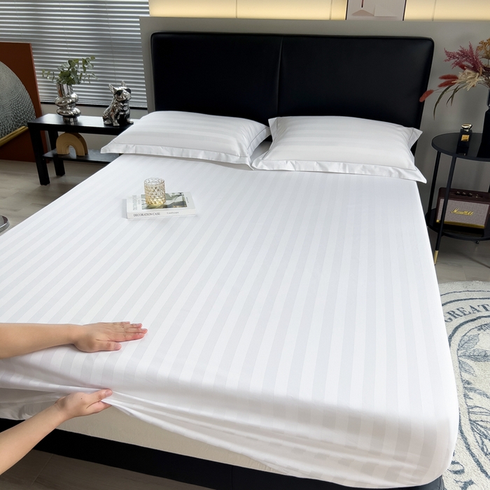 91家纺网 家纺一手货源 找家纺 品乐 2023新款 60支长绒棉提花条纹单床笠 条纹白色