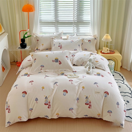 91家纺网 家纺一手货源 找家纺 凯磊家纺 新款原棉老粗布四件套 蘑菇小兔