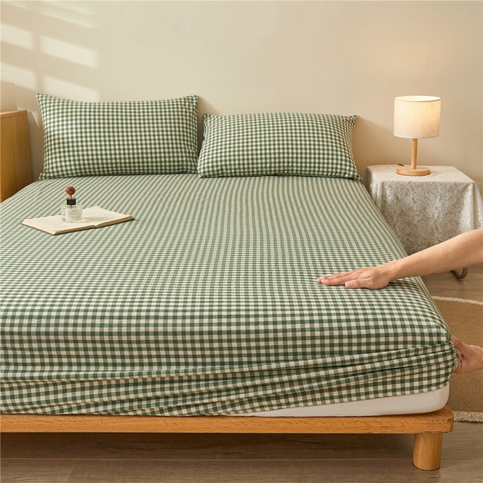 91家纺网 家纺一手货源 找家纺 喜居 2024新款A类色织纯棉水洗棉100%新疆棉全棉床笠 绿小格