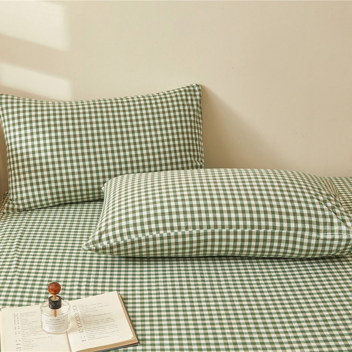 91家纺网 家纺一手货源 找家纺 喜居 2024新款A类色织纯棉水洗棉100%新疆棉全棉床笠 绿小格