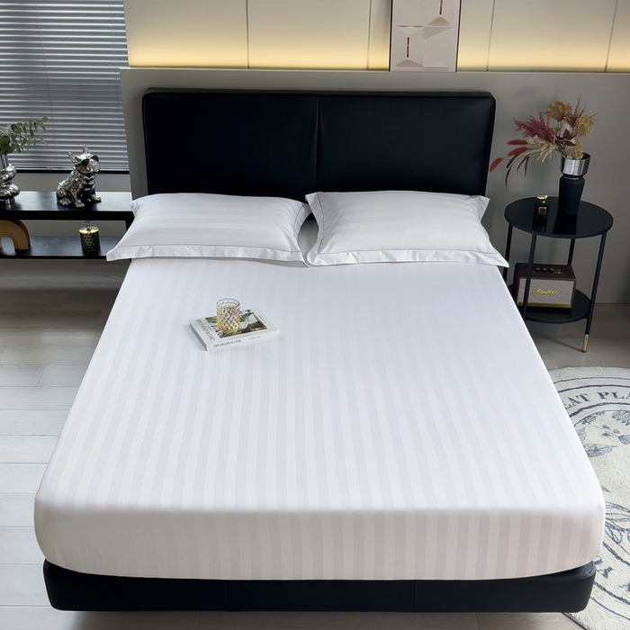 91家纺网 家纺一手货源 找家纺 品乐 2023新款 60支长绒棉提花条纹单床笠 条纹白色