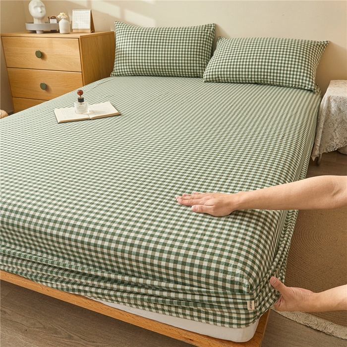 91家纺网 家纺一手货源 找家纺 喜居 2024新款A类色织纯棉水洗棉100%新疆棉全棉床笠 绿小格