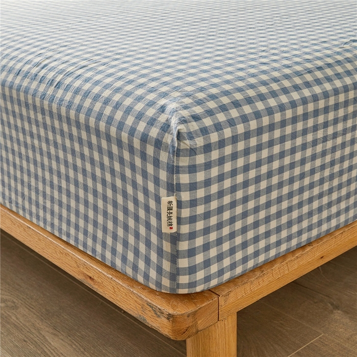 91家纺网 家纺一手货源 找家纺 喜居 2024新款A类色织纯棉水洗棉100%新疆棉全棉床笠 蓝小格