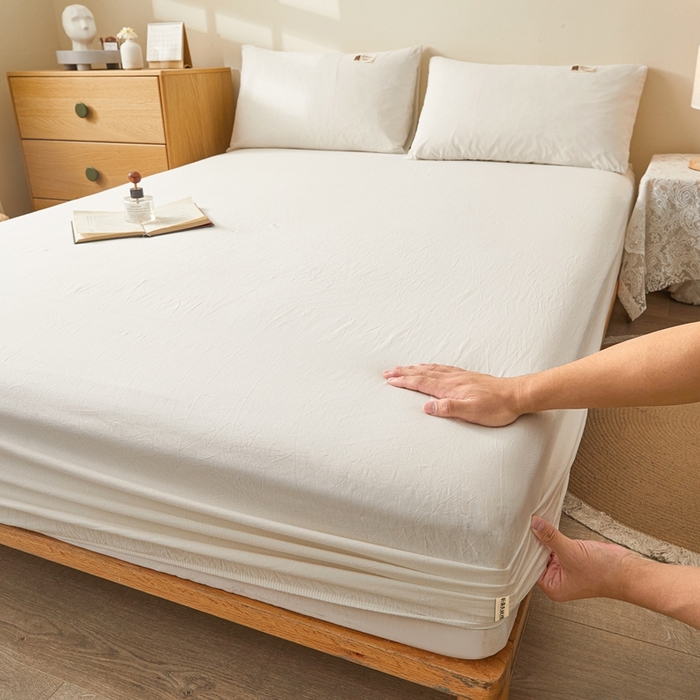 91家纺网 家纺一手货源 找家纺 喜居 2024新款A类色织纯棉水洗棉100%新疆棉全棉床笠 月光白