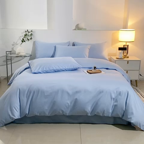 91家纺网 家纺一手货源 找家纺 晶缦家纺 2023新款喷气全棉13376纯棉斜纹纯色多规格四件套 沐色-天蓝