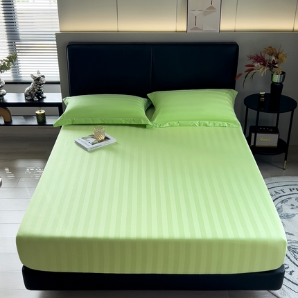 91家纺网 家纺一手货源 找家纺 品乐 2023新款 60支长绒棉提花条纹单床笠 条纹浅绿