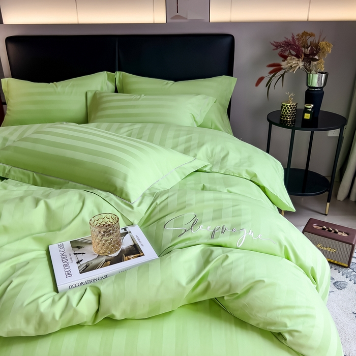 91家纺网 家纺一手货源 找家纺 品乐 2023新款 60支长绒棉提花条纹四件套条纹浅绿