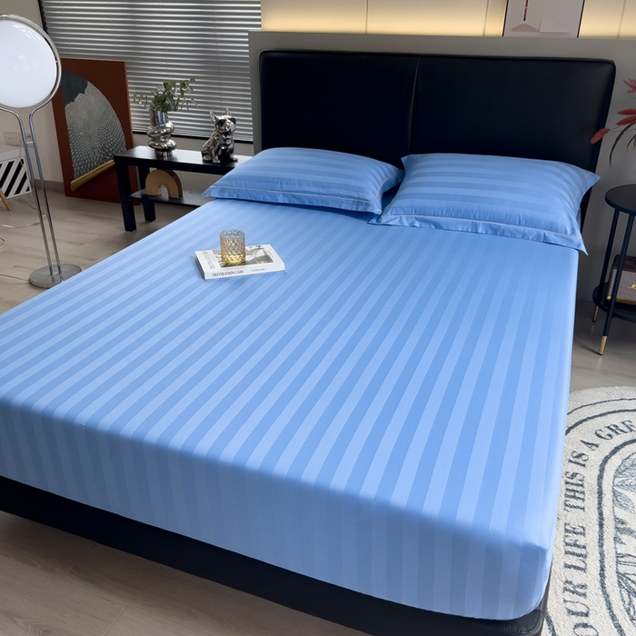 91家纺网 家纺一手货源 找家纺 品乐 2023新款 60支长绒棉提花条纹单床笠 条纹天蓝