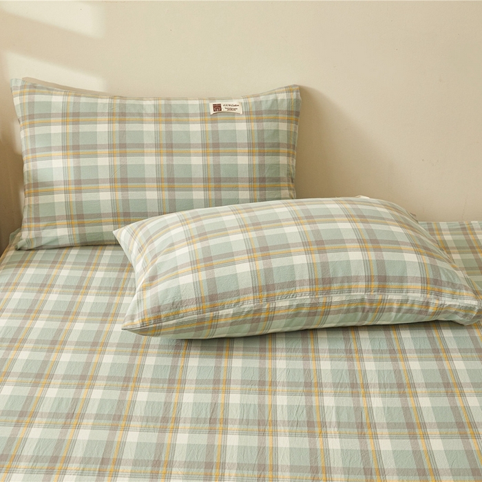 91家纺网 家纺一手货源 找家纺 喜居 2024新款A类色织纯棉水洗棉100%新疆棉全棉床笠 简兮绿