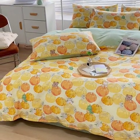 91家纺网 家纺一手货源 找家纺 宇彬家纺 2024新款13372全棉印花四件套和单被套 南瓜乐园