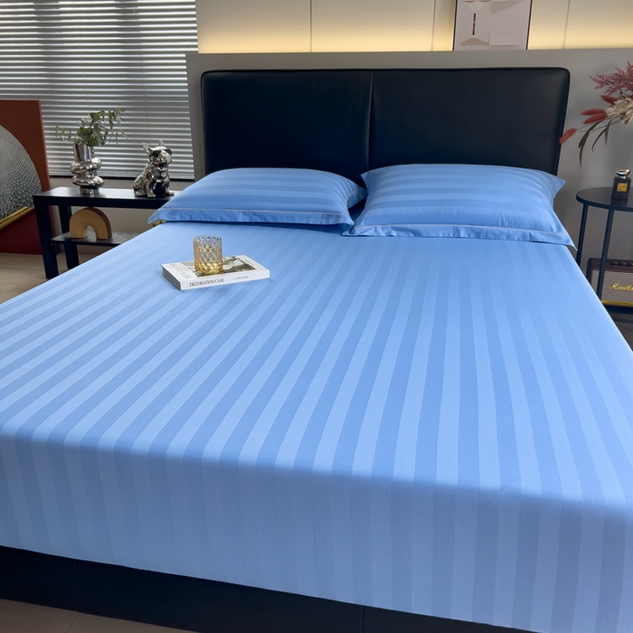 91家纺网 家纺一手货源 找家纺 品乐 2023新款 60支长绒棉提花条纹单床笠 条纹天蓝