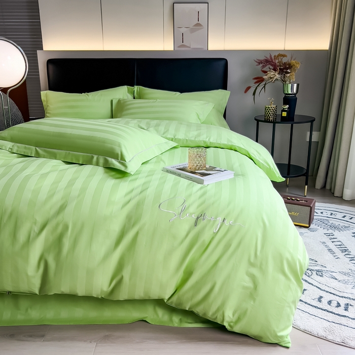 91家纺网 家纺一手货源 找家纺 品乐 2023新款 60支长绒棉提花条纹四件套条纹浅绿