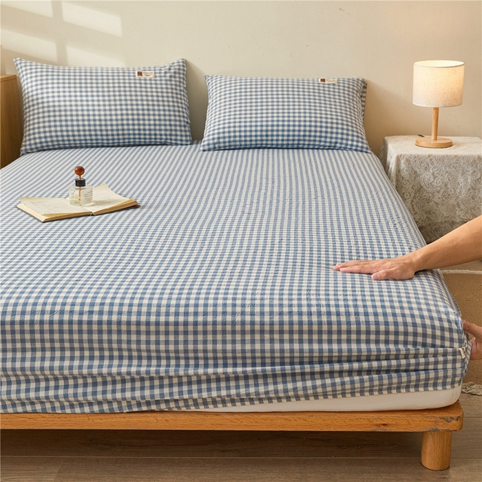 91家纺网 家纺一手货源 找家纺 喜居 2024新款A类色织纯棉水洗棉100%新疆棉全棉床笠 蓝小格