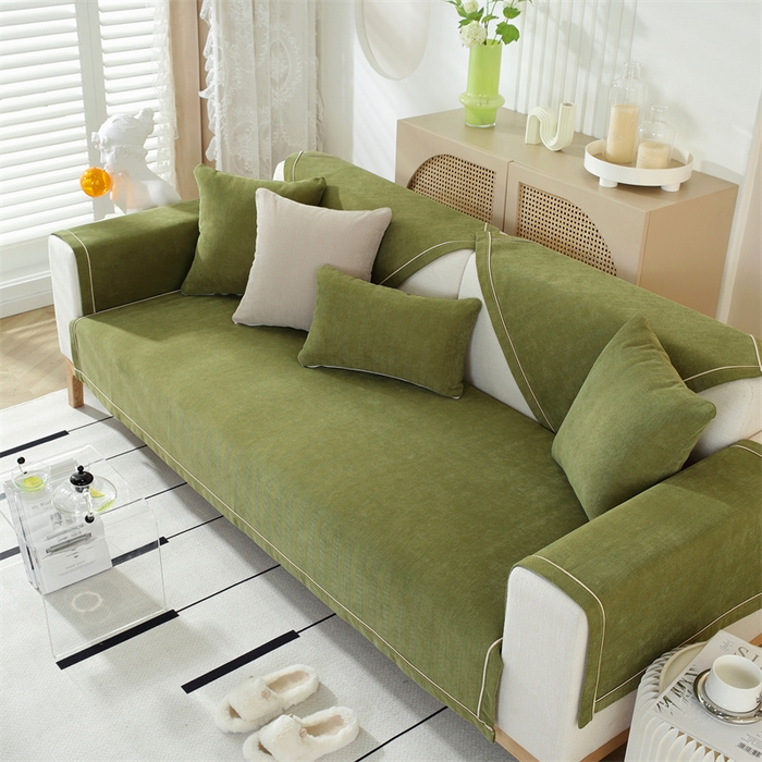 91家纺网 家纺一手货源 找家纺 共鸣沙发垫 2023新款雪尼尔人字纹沙发垫 人字纹绿色