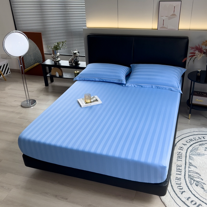 91家纺网 家纺一手货源 找家纺 品乐 2023新款 60支长绒棉提花条纹单床笠 条纹天蓝