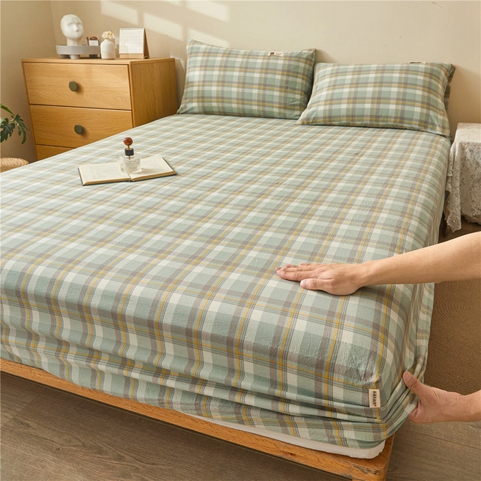 91家纺网 家纺一手货源 找家纺 喜居 2024新款A类色织纯棉水洗棉100%新疆棉全棉床笠 简兮绿