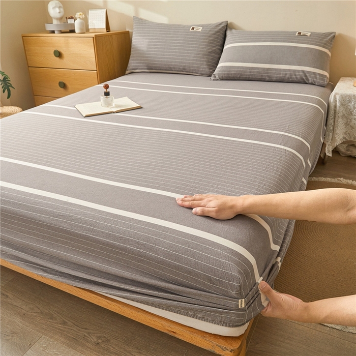 91家纺网 家纺一手货源 找家纺 喜居 2024新款A类色织纯棉水洗棉100%新疆棉全棉床笠 光阴灰