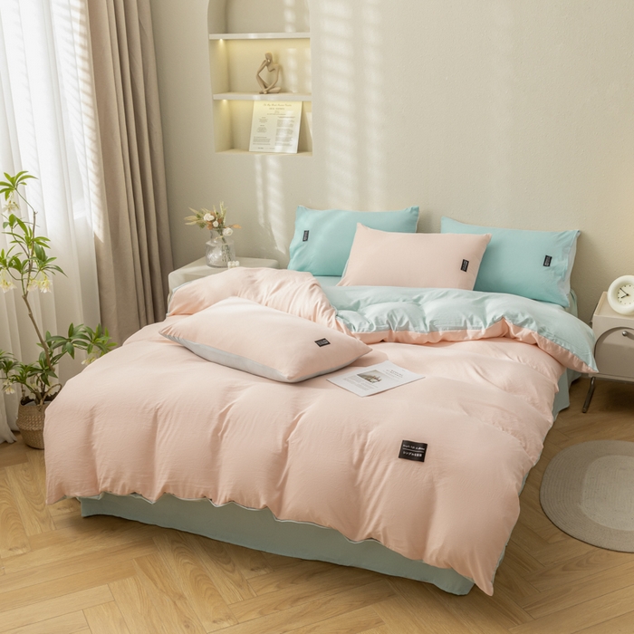 91家纺网 家纺一手货源 找家纺 米瑞娜 2024新款 水洗棉麻双拼纯色四件套 冰粉+自然绿