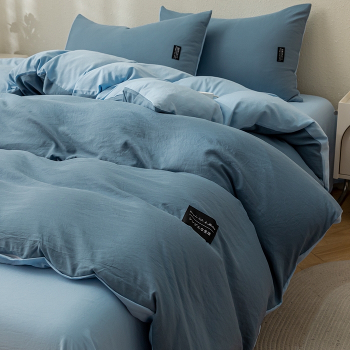 91家纺网 家纺一手货源 找家纺 米瑞娜 2024新款 水洗棉麻双拼纯色四件套 雾蓝+淡蓝