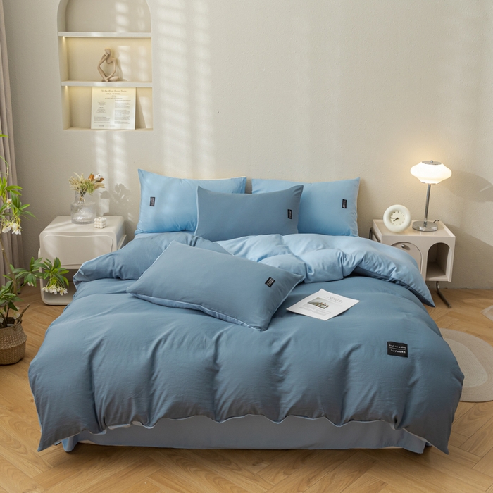 91家纺网 家纺一手货源 找家纺 米瑞娜 2024新款 水洗棉麻双拼纯色四件套 雾蓝+淡蓝