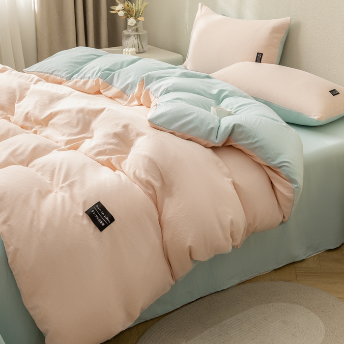 91家纺网 家纺一手货源 找家纺 米瑞娜 2024新款 水洗棉麻双拼纯色四件套 冰粉+自然绿