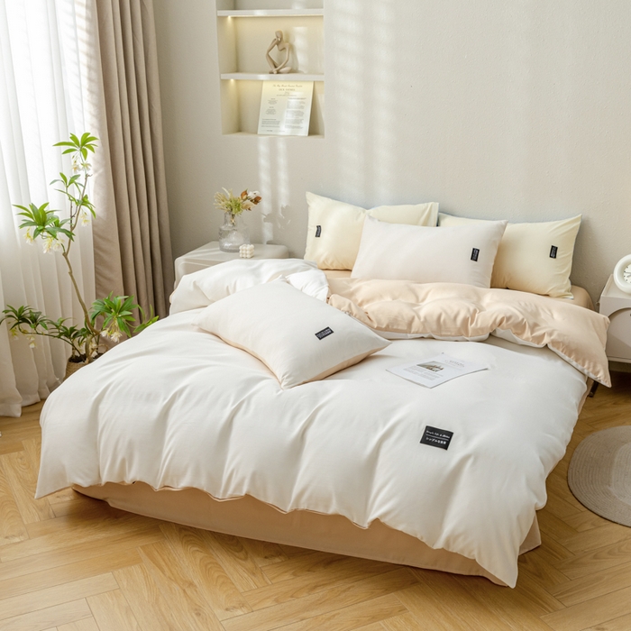 91家纺网 家纺一手货源 找家纺 米瑞娜 2024新款 水洗棉麻双拼纯色四件套奶茶+芝士