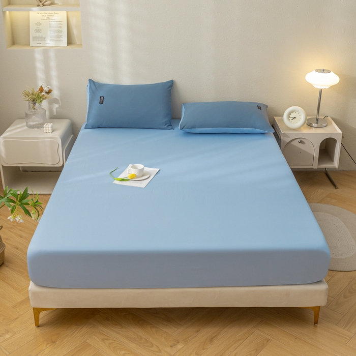 91家纺网 家纺一手货源 找家纺 米瑞娜2024新款水洗棉麻双拼纯色单床笠 雾蓝