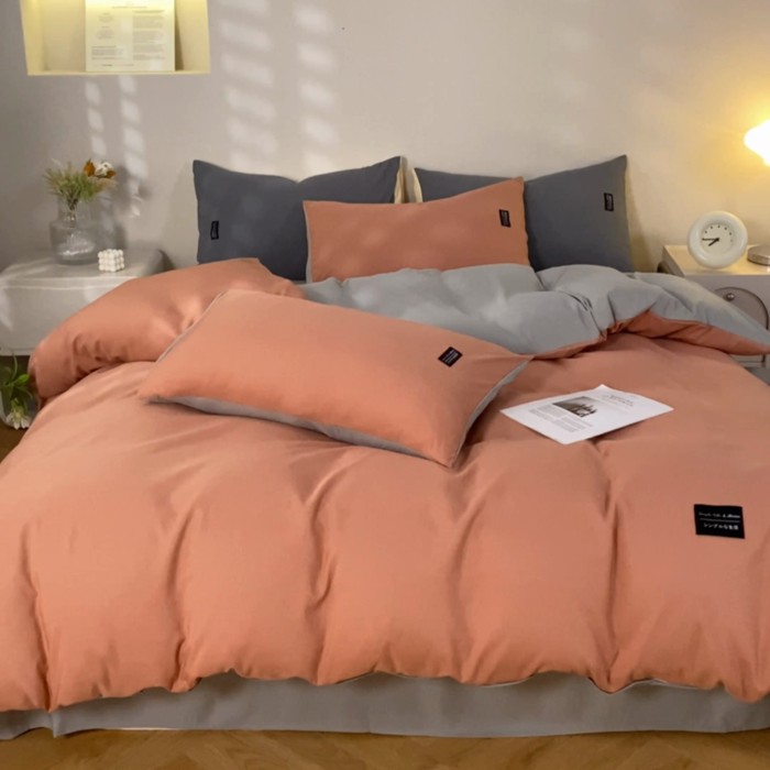 91家纺网 家纺一手货源 找家纺 米瑞娜 2024新款 水洗棉麻双拼纯色四件套 黛粉+浅灰