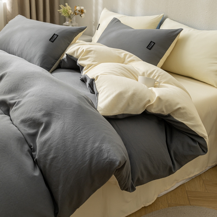 91家纺网 家纺一手货源 找家纺 米瑞娜 2024新款 水洗棉麻双拼纯色四件套 中灰+奶茶