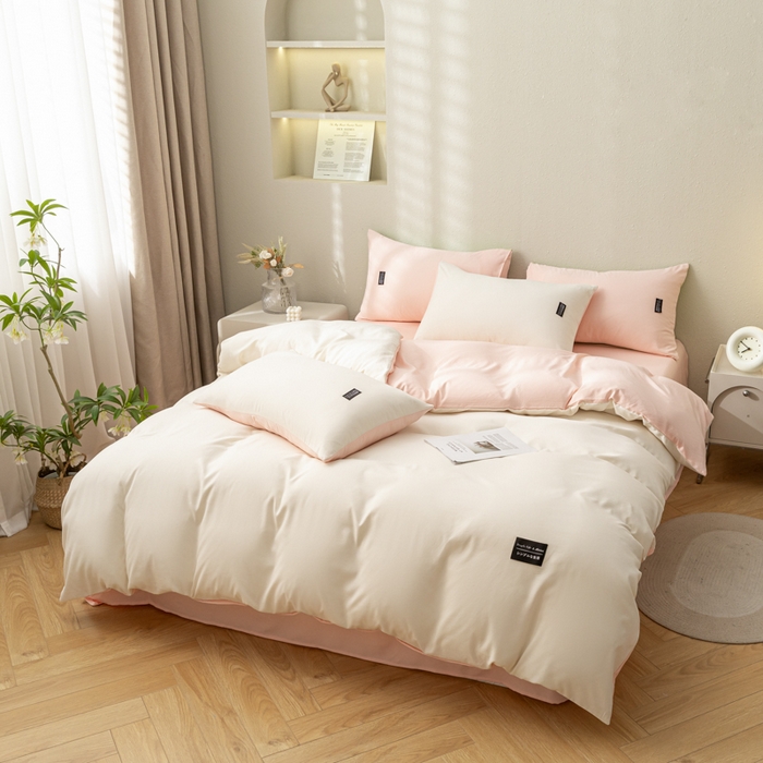 91家纺网 家纺一手货源 找家纺 米瑞娜 2024新款 水洗棉麻双拼纯色四件套 奶白+冰粉