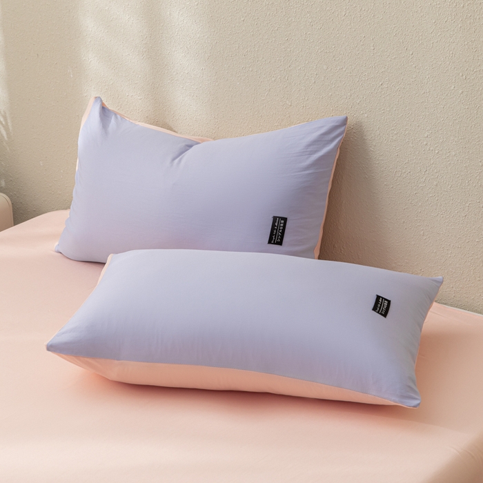 91家纺网 家纺一手货源 找家纺 米瑞娜 2024新款 水洗棉麻双拼纯色四件套 丁香紫+西梅粉