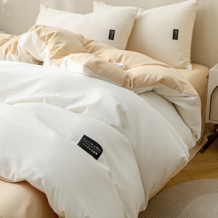 91家纺网 家纺一手货源 找家纺 米瑞娜 2024新款 水洗棉麻双拼纯色四件套奶茶+芝士