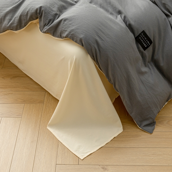 91家纺网 家纺一手货源 找家纺 米瑞娜 2024新款 水洗棉麻双拼纯色四件套 中灰+奶茶